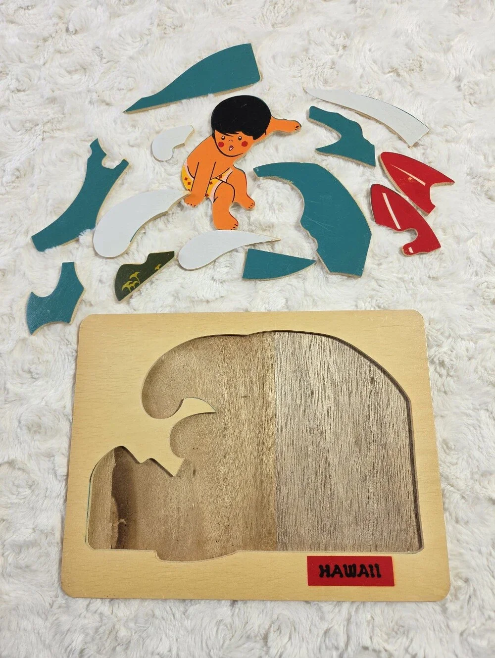 Vintage Anekoma Hawaiian Boy Surfing Wood Tray Puzzle